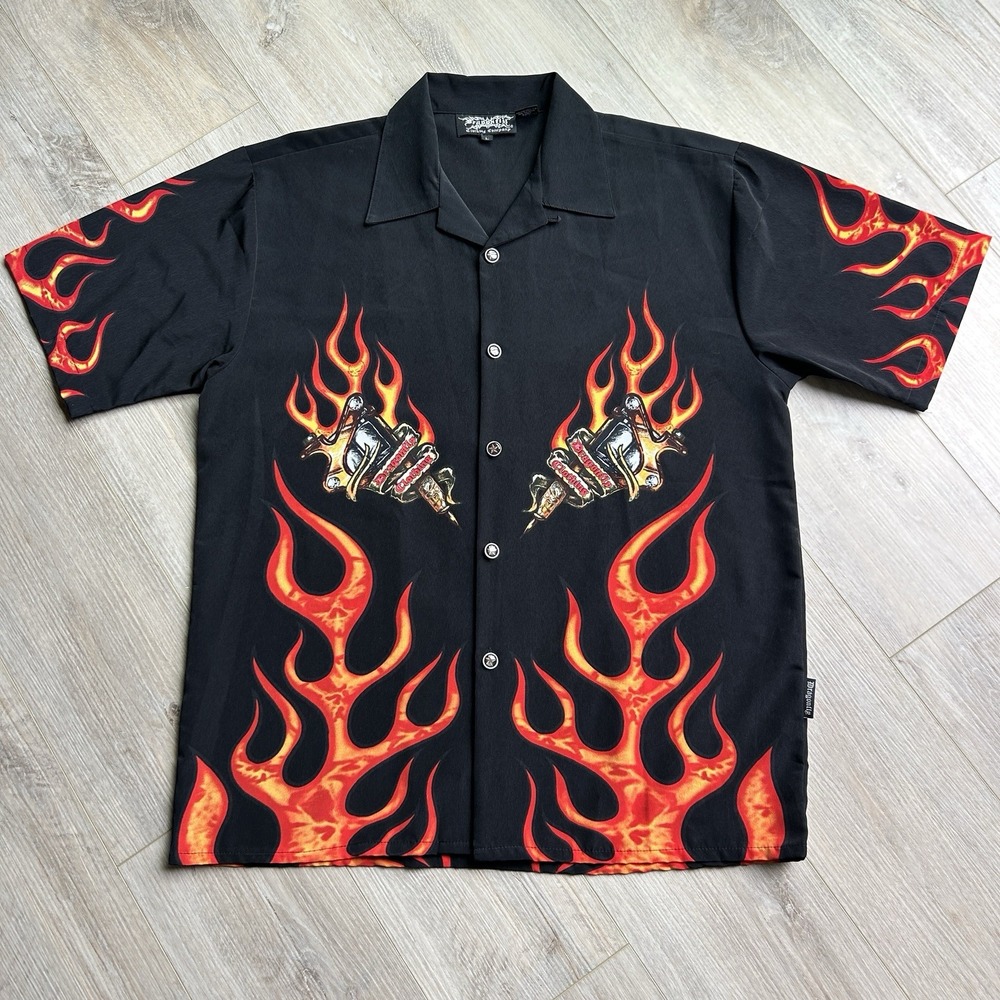 Dragonfly Clothing Sapphire Lounge‎ SS Shirt Flames & Tattoo Gun Mens Large